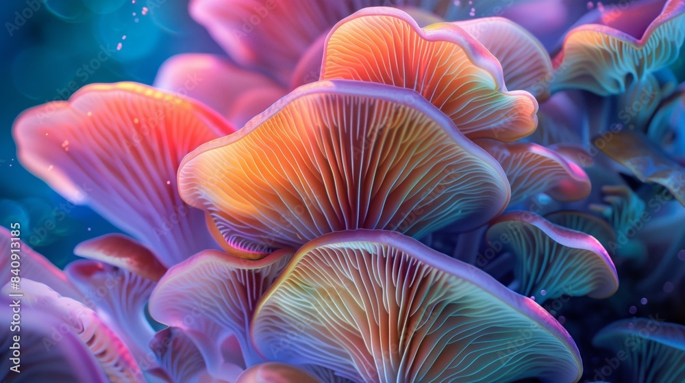 Illuminated neon mushrooms in a mystical forest, evoking an enchanting fantasy world.