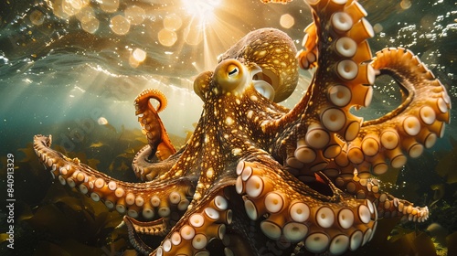 An underwater spectacle with an octopus center stage, its tentacles curled and highlighted by sun rays