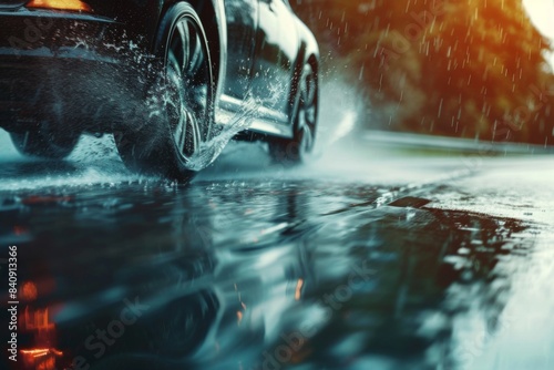 A motor vehicle is navigating a water puddle on a damp road