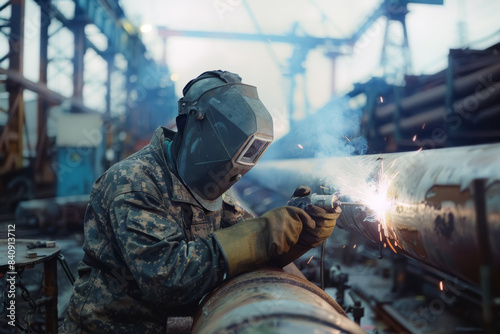 An experienced welder in a protective jacket, helmet and gloves working in the large industrial facility