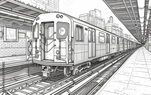 Black and white illustration of a subway train at a station. Line art. Urban transport and cityscape concept