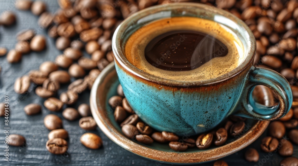 Vibrant Blue Ceramic Cup Filled with Freshly Brewed Coffee Surrounded by Aromatic Roasted Coffee Beans on a Rustic Background Vibrant Blue Ceramic Cup Filled with Freshly Brewed Coffee Surrounded by Aromatic Roasted Coffee Beans on a Rustic Background