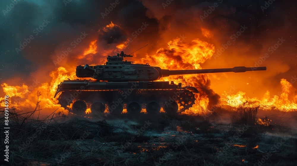 A silhouette of a tank engulfed in flames during a nighttime battle A silhouette of a tank engulfed in flames during a nighttime battle