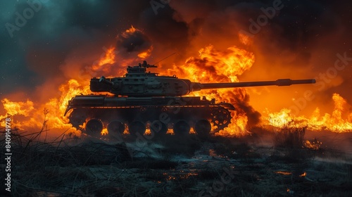 A silhouette of a tank engulfed in flames during a nighttime battle © Pavel Kachanau