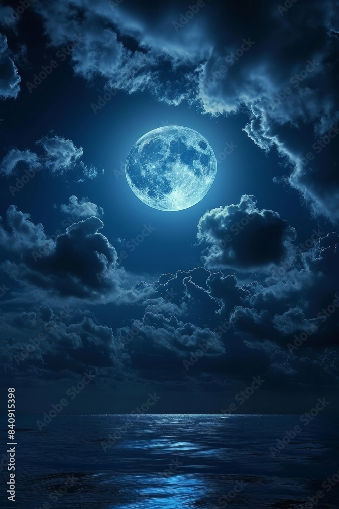 Fototapeta premium blue moon, full moon behind clouds, night time, night sky, blue light, cosmos, space, night, moon in the sky, close-up, astronomy, moon crescent, close-up, sky at night, night time, Generative AI