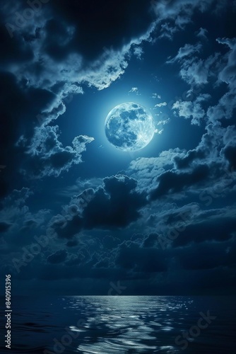 blue moon, full moon behind clouds, night time, night sky, blue light, cosmos, space, night, moon in the sky, close-up, astronomy, moon crescent, close-up, sky at night, night time, Generative AI