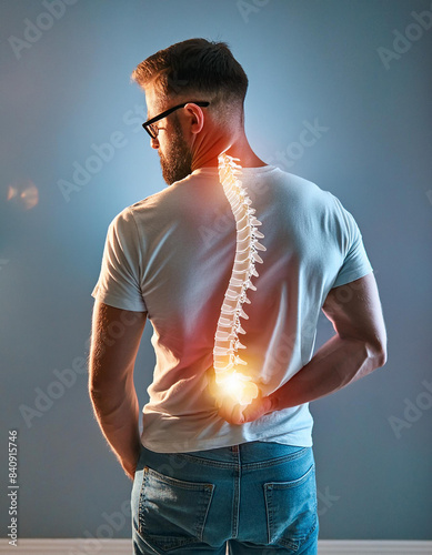 Spinal health representation. Man with back pain with glowing representation of spine. photo