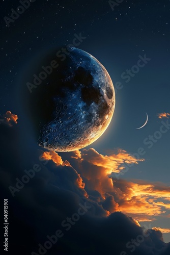 moon at sunset, clouds, stars, earth satellite, cosmos, space, night, moon in the sky, close-up, astronomy, moon crescent, close-up, sky at night, night time, dark, Generative AI