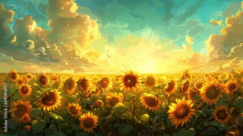 Vibrant sunflower field filled with tall bright yellow sunflowers reaching toward the sky at sunset  Bees pollinate the blooming flowers as the warm photo