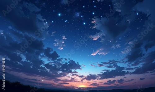 sky at night with stars, clouds, blue and purple gradient, space, galaxy, observing the stars, astronomy, night sky environment, background, dark, sunset, Generative AI