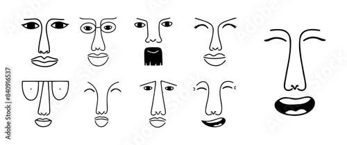 Concept line art set with optimistic and other expressions on the faces. Diversity people. Diverse emotions. Vector illustration.