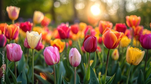 Stunning landscape showcasing a vibrant field of tulips in full bloom at sunset  The field is filled with rows of colorful tulips creating a stunning mosaic of blooms with a clear blue sky