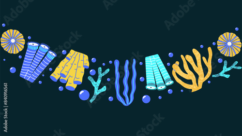 Background with marine life. Banner with corals and reefs. Vector
