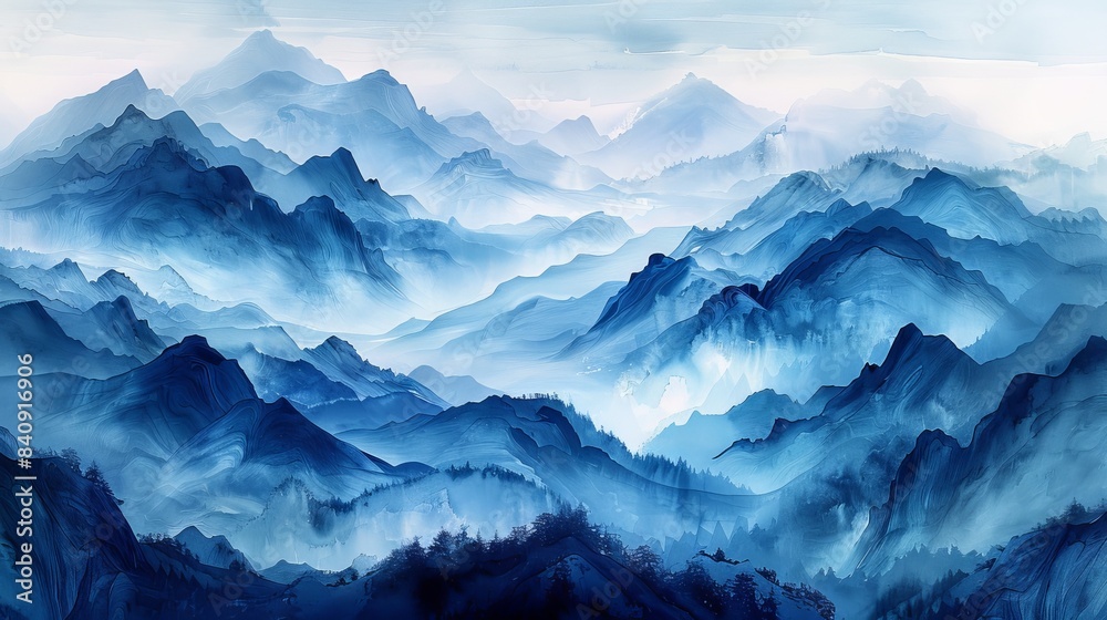 Simple watercolor painting of mountains at dusk. Generative AI. Watercolour background with beautiful cold hues.