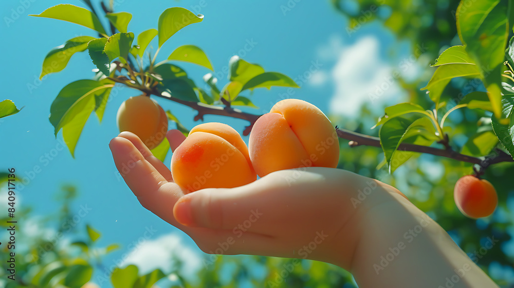 Ripe bright yellow tasty apricots falling from a branch into a child's hand, close-up against a blue sky, summer fruits Ripe bright yellow tasty apricots falling from a branch into a child's hand, close-up against a blue sky, summer fruits