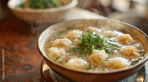 A close-up image of a steaming bowl of wonton soup garnished with green onions, suggesting a warm, savory meal