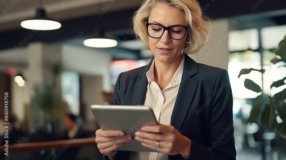 middle aged businesswoman manager wearing glasses looking at tablet, female entrepreneur