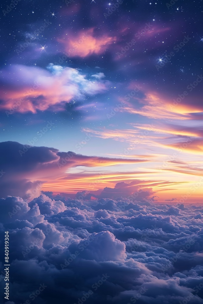 Sky at dusk, above the clouds, sunset, sky with cloud and stars, purple, blue, orange, pink, sky gradient, day with stars, nature, background sky, sunrise, night sky with stars, Generative AI