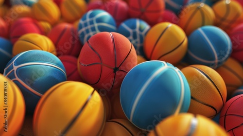 A pile of basketballs are stacked on top of each other. The basketball ball is brightly colored. 3d, rendering, illustration,