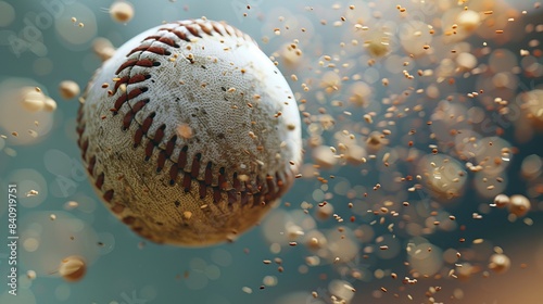 A close-up of a worn baseball seemingly suspended in air, surrounded by dynamic dirt particles
