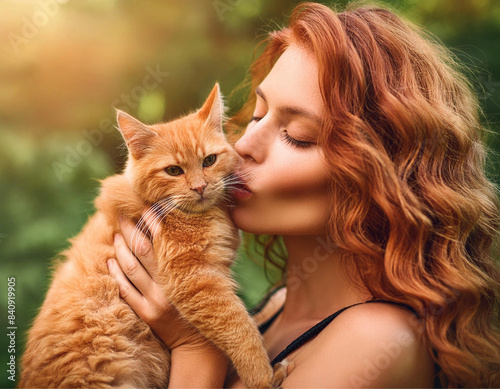 Uma mulher ruiva, beijando o seu gatinho ruivo, ao ar livre, em ambiente muito arborizado. photo
