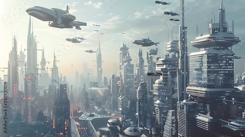 A city skyline with flying cars and advanced transportation systems