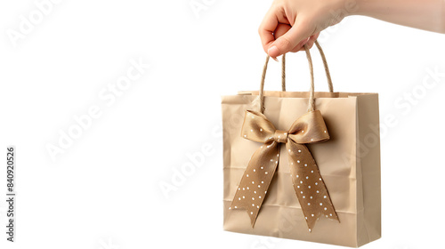 Hand hloding a gift bagon, on isolated white transparent background with PNG photo