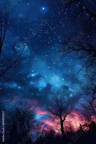 sky at night with stars, trees, silhouette, forest at night, clouds, blue and purple gradient, space, galaxy, observing the stars, astronomy, night sky environment, background, dark, Generative AI