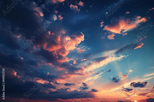 sky at night with stars, clouds, blue and purple gradient, space, galaxy, observing the stars, astronomy, night sky environment, background, dark, sunset, Generative AI