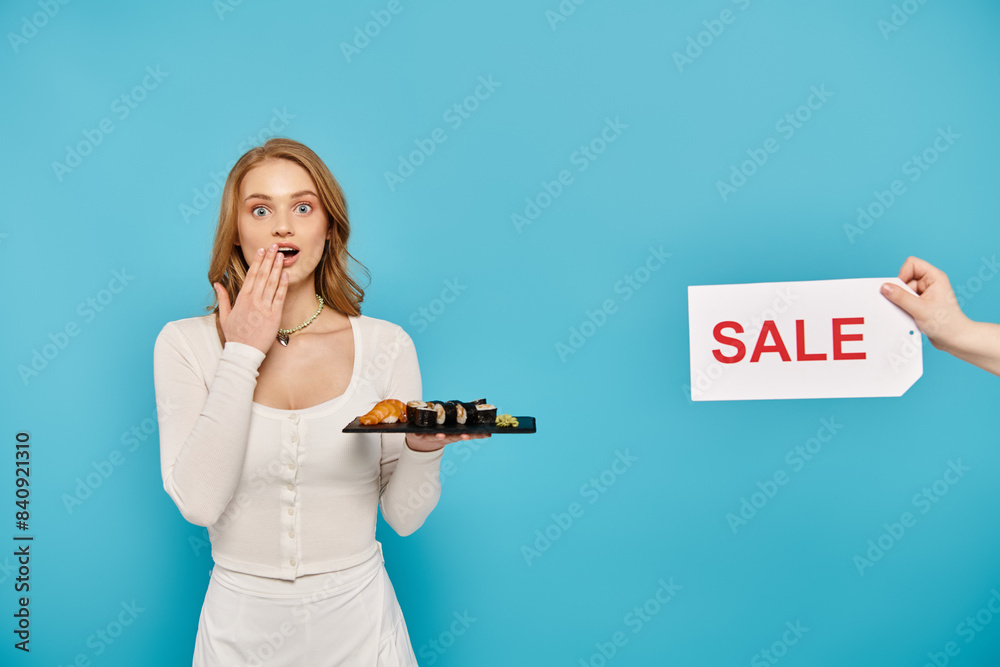 A stylish woman holds tray of sushi in front of a sale sign A stylish woman holds tray of sushi in front of a sale sign