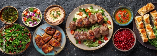 Delicious Middle Eastern Feast With Hummus, Meat Skewers, and Pastries