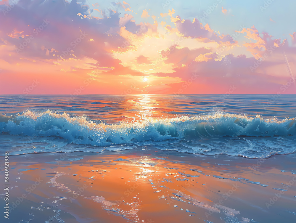 A beautiful painting of a beach at sunset A beautiful painting of a beach at sunset
