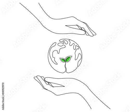 Hands holding Earth globe with plant in one continuous line drawing. World environment day poster in simple linear style. Protect and save planet concept editable stroke. Doodle vector illustration