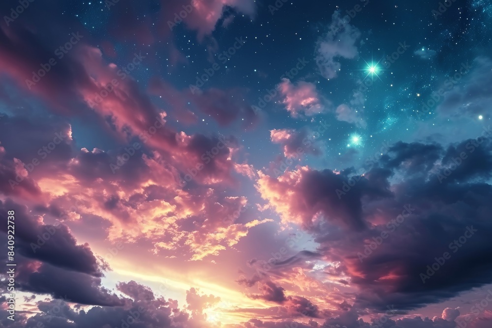 Sky at dusk, pink sky, sunset, sky with cloud and stars, purple, blue, orange, pink, sky gradient, day with stars, nature, background sky, sunrise, night sky with stars, Generative AI Sky at dusk, pink sky, sunset, sky with cloud and stars, purple, blue, orange, pink, sky gradient, day with stars, nature, background sky, sunrise, night sky with stars, Generative AI