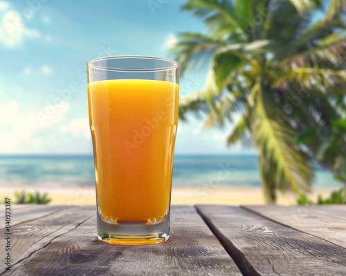 Glass of Orange Juice on Beach Table With Tropical Trees