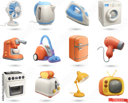 Home appliances, objects. 3d cartoon vector icon set
