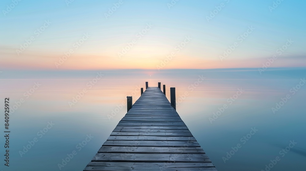 Obraz premium A serene wooden pier stretches into a calm sea under a pastel-colored sunrise. Capture tranquility and simplicity in this peaceful moment. Perfect for nature lovers and relaxation themes. AI