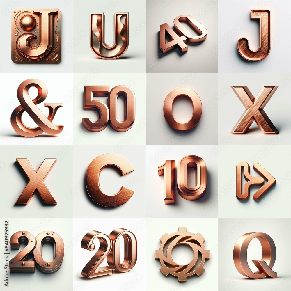 Naklejka premium Brushed Copper metal Lettering Typeface. AI generated illustration