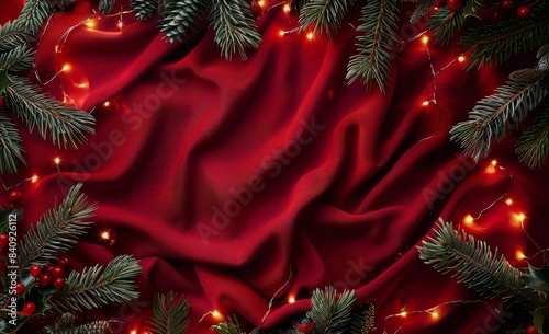 Red Fabric Christmas Background With Pine Branches and Fairy Lights