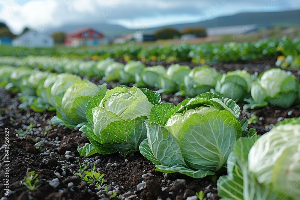 Fresh organic cabbage thrives in a sunlit field, promising nutritious bounty for health-conscious consumers Fresh organic cabbage thrives in a sunlit field, promising nutritious bounty for health-conscious consumers