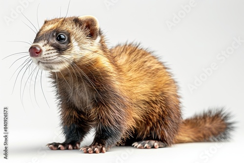 Cute small ferret sits, fluffy and curious, against a white background, its playful nature evident photo