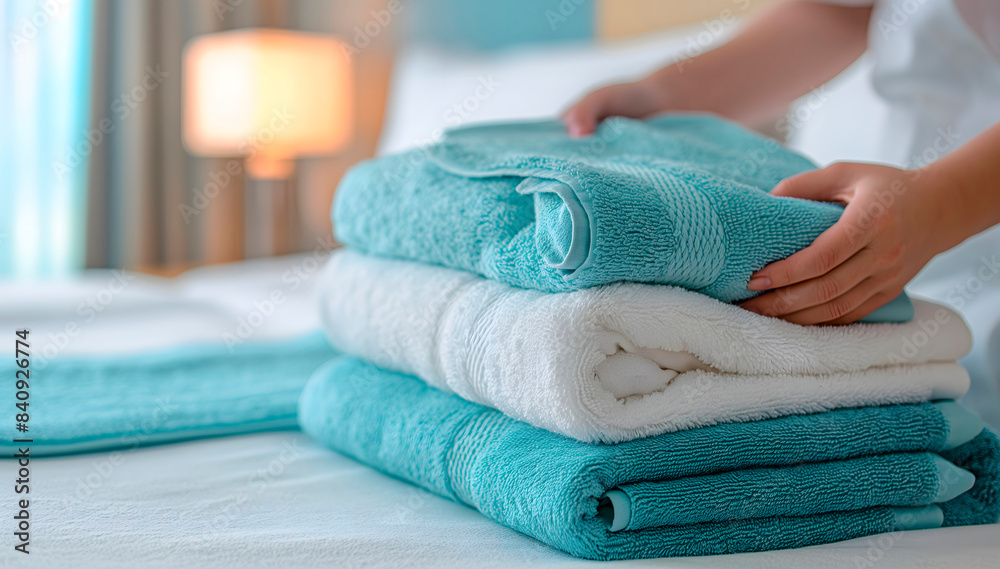 Clean and soft white and turquoise towels, folded in a neat pile, in close-up hands, are suitable for promoting high-quality laundry services, hotel amenities that emphasize cleanliness and hygiene