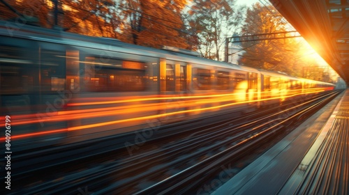 A dynamic image capturing a train speeding down the track with motion blur and sunset hues giving a sense of speed and time passing
