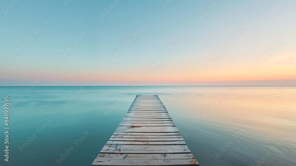 Obraz premium Serene pier extending into calm blue sea at sunset. Perfect image for desktop background or inspirational quotes. Stunning minimalistic design showing peaceful nature