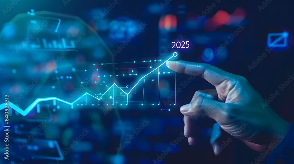 Hand pointing at glowing line graph with arrow up and text 2025 Hand pointing at glowing line graph with arrow up and text 2025