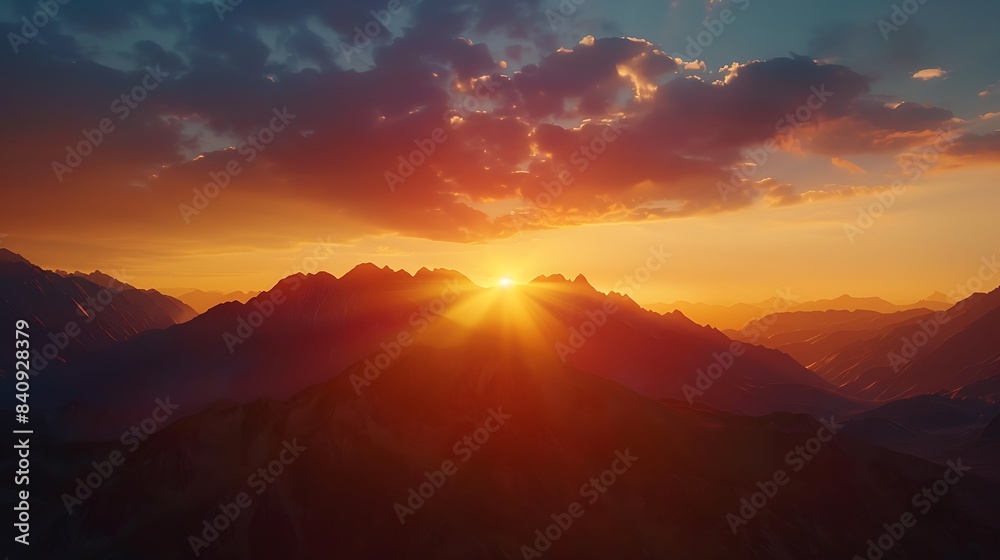 A majestic mountain range bathed in the warm glow of the rising sun, symbolizing renewal and blessings on Eid A majestic mountain range bathed in the warm glow of the rising sun, symbolizing renewal and blessings on Eid