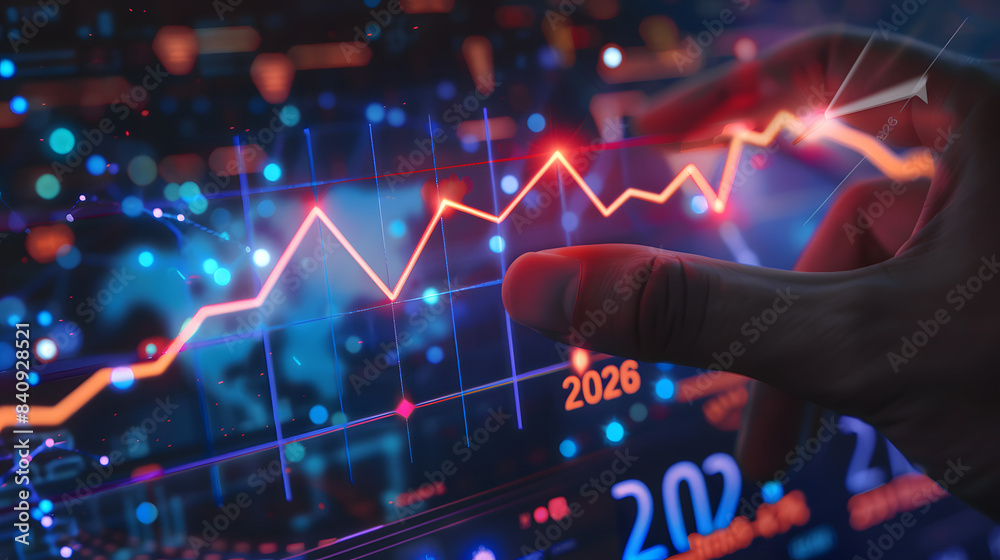 Hand pointing at glowing line graph with arrow up and text 2026 Hand pointing at glowing line graph with arrow up and text 2026