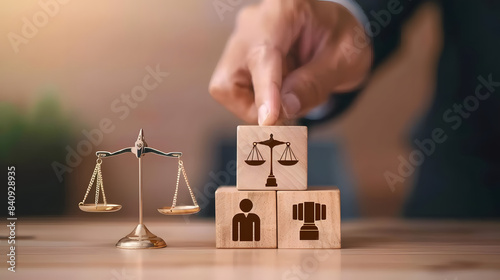 Hand pushing a wooden block with justice scales and lawyer icons on it. against a blurred background. Concept of law work 