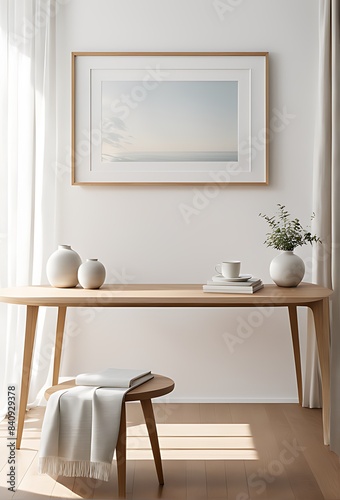 Mock up frame in home interior background, white room with natural wooden table and decor, 3d render