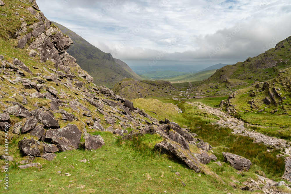 Panoramic view from Devils Ladder, one of most difficult trails, that is leading to highest Irish mountain Carrauntoohill or Carrantuohill is the highest mountain in Ireland at 1038m in Ring of Kerry